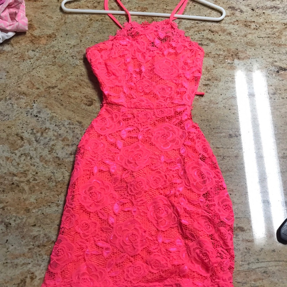 Neon lace cutout mini dress